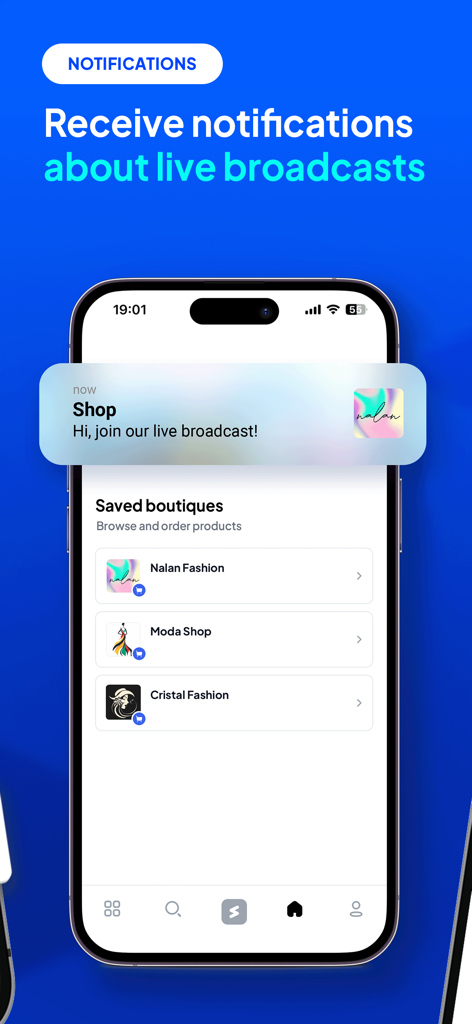 Smartphone screen displaying a Selmo app notification for a live broadcast and a list of saved fashion boutiques.