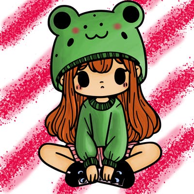 a girl wearing a frog hat and some frog socks