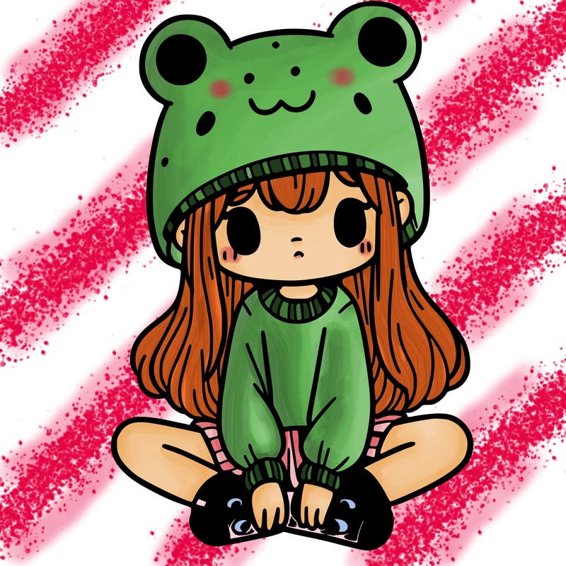 a girl wearing a frog hat and some frog socks