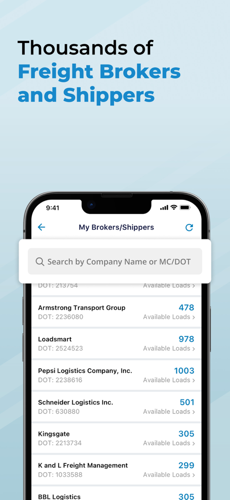A list of freight brokers and shippers in the Trucker Path Load Board app showing available loads for truck drivers