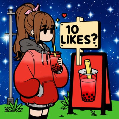 girl with oversized hoodie drinking boba and she has a high ponytail with a sign that says 10likes?