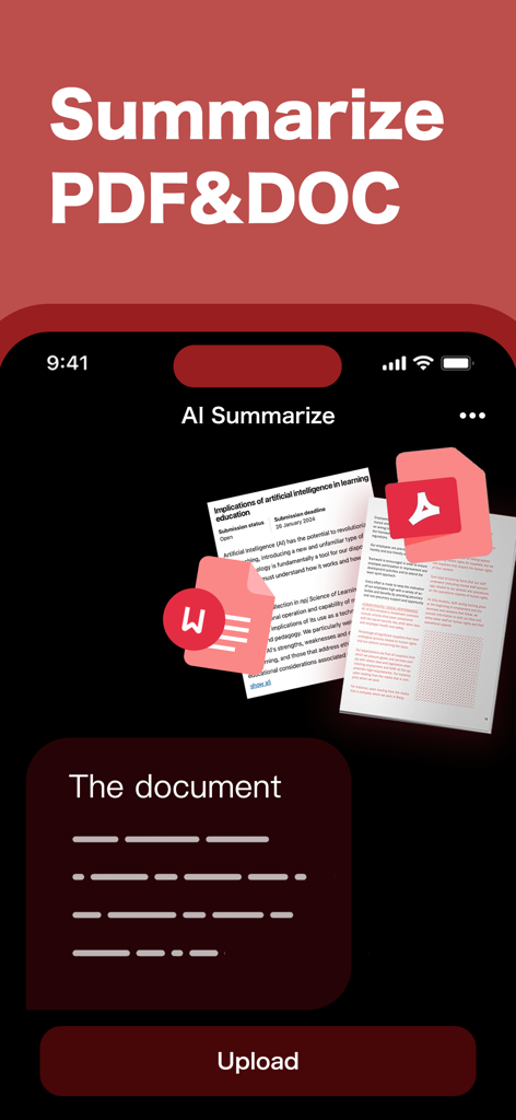 AI Chatbot : Ask AI Anything - Interfaz de la aplicación Chatbot de IA que muestra la función para resumir documentos PDF y Word con un botón de carga.