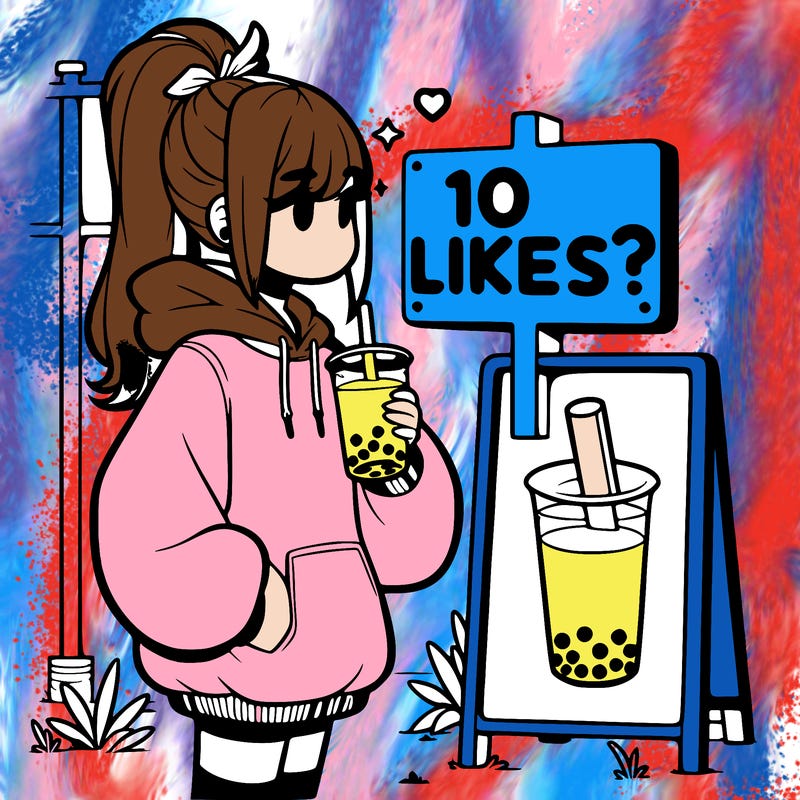 girl with oversized hoodie drinking boba and she has a high ponytail with a sign that says 10likes?