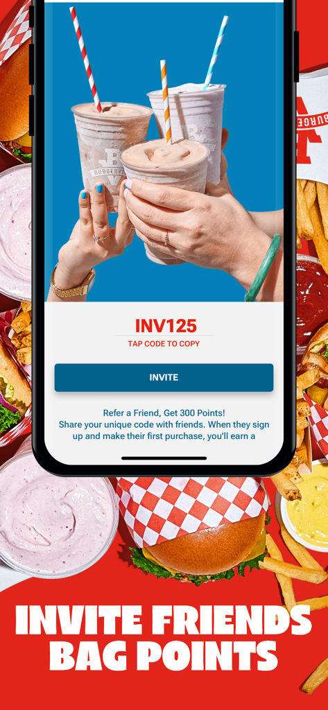 Burgerville app screen showing a referral program to invite friends and earn 300 reward points.