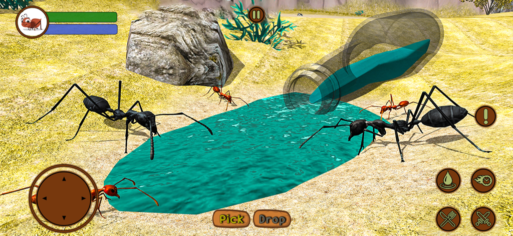 Ant Insect Life Survival War - Gameplay-Screenshot von Ant Survival 3D, der Ameisen zeigt, die blaue Flüssigkeit in der Nähe einer verschütteten Flasche mit mobilen UI-Steuerelementen sammeln.