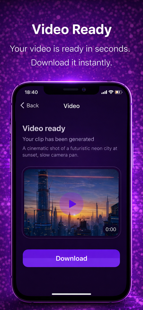 AI Video Generator & Video AI - A smartphone interface showing a generated AI video of a futuristic city at sunset with a download button.