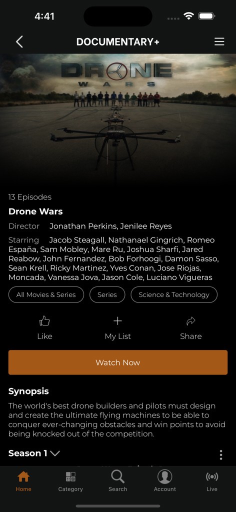 Interface of the DOCUMENTARY+ app featuring the Drone Wars series details with a watch now button and synopsis.