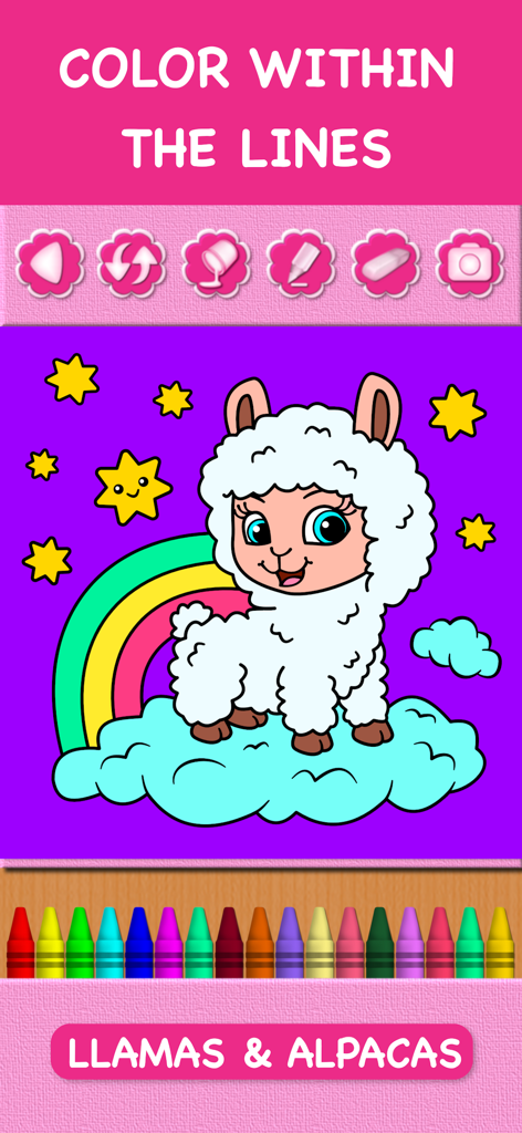 Animal Coloring Book Baby Pets - Una linda página para colorear de una llama con un arcoíris y varios colores de crayones en la parte inferior de la pantalla.