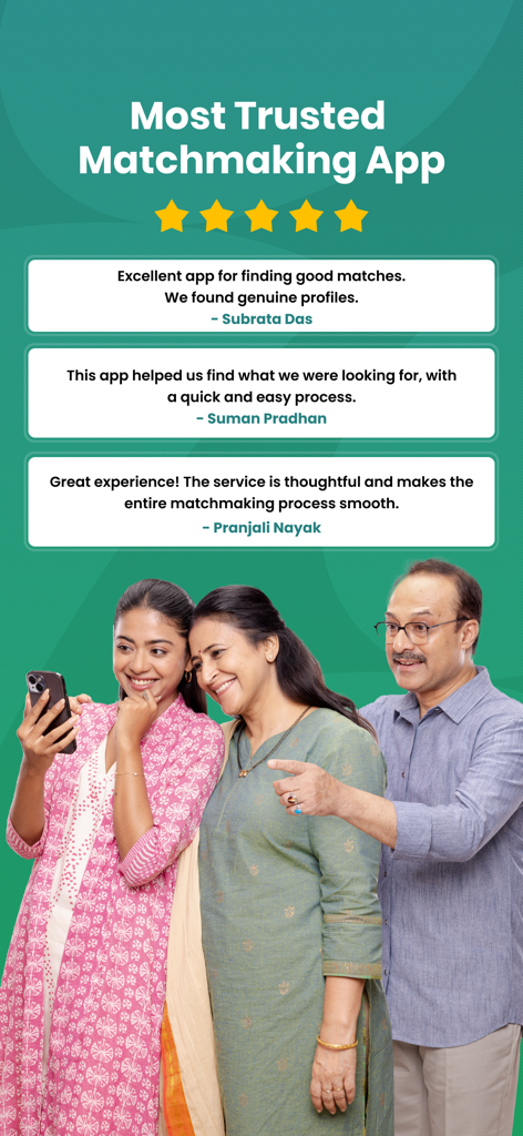 OriyaMatrimony app user reviews and a happy family looking at a smartphone
