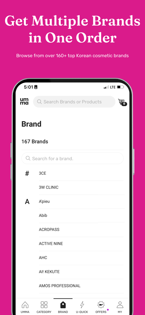 umma.io - Mobile app screen showing a list of wholesale Korean cosmetic brands available for business orders on umma.io.