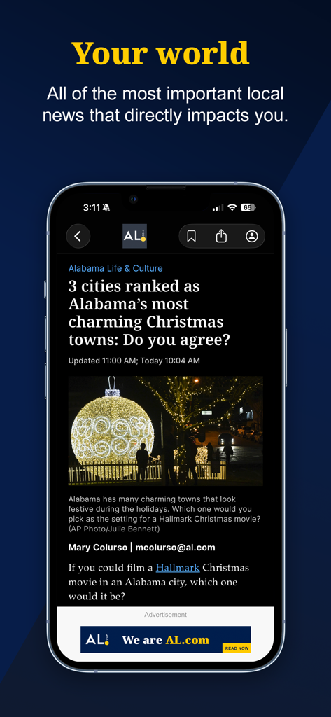 AL.com mobile app screen displaying a local news article about charming Christmas towns in Alabama.