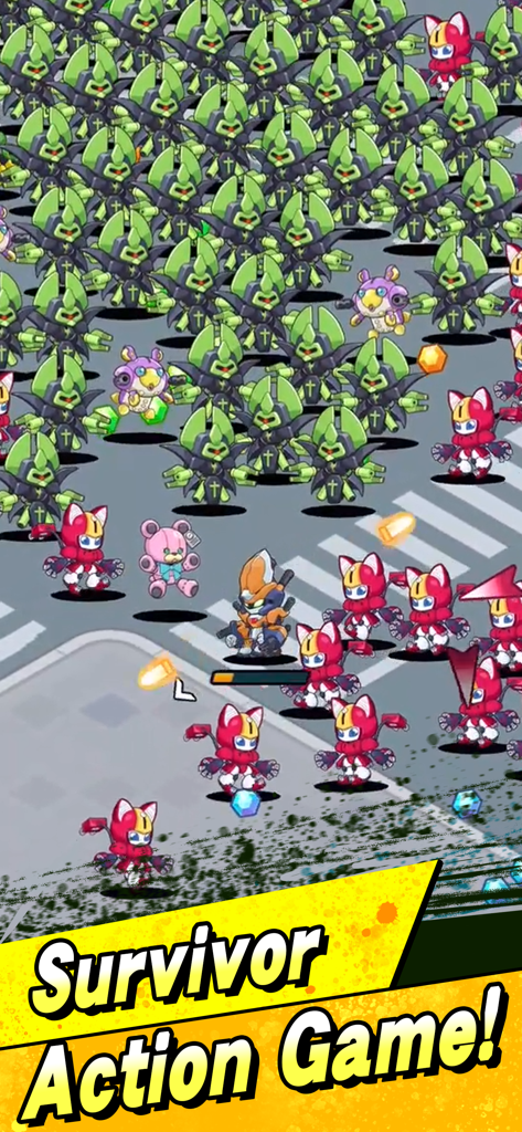 Medabots Survivors - Gameplay-Screenshot von Medabots Survivors, der eine orangefarbene Roboterfigur zeigt, die gegen eine massive Horde von grünen und roten Feindrobotern kämpft.