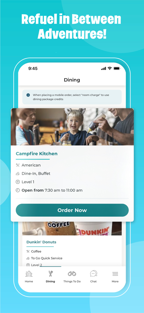 Great Wolf Lodge app screen showing mobile dining ordering options for the Campfire Kitchen restaurant.