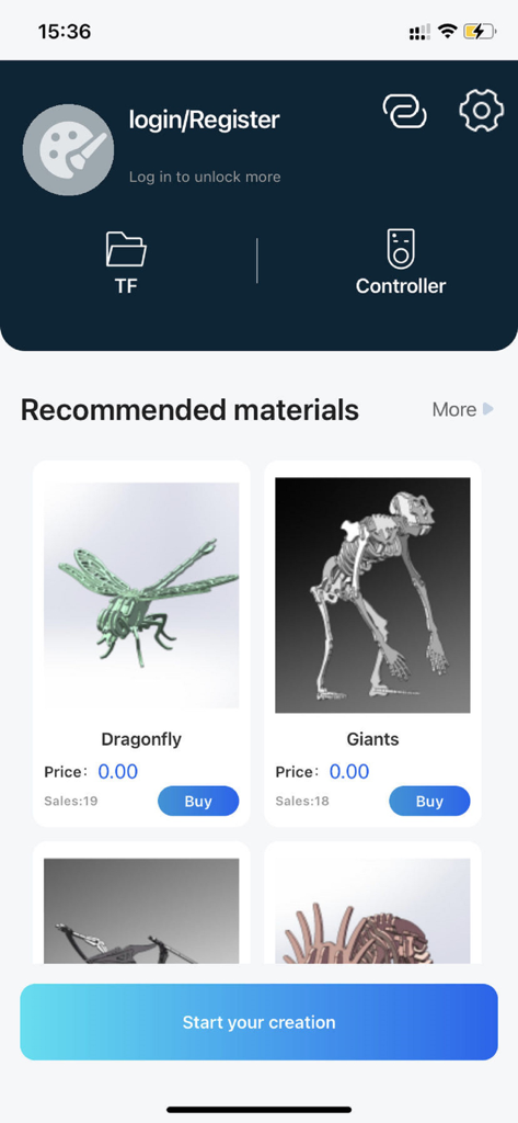 CutLabX - CutLabX mobile app interface displaying a library of recommended laser engraving templates including a dragonfly and a skeleton model