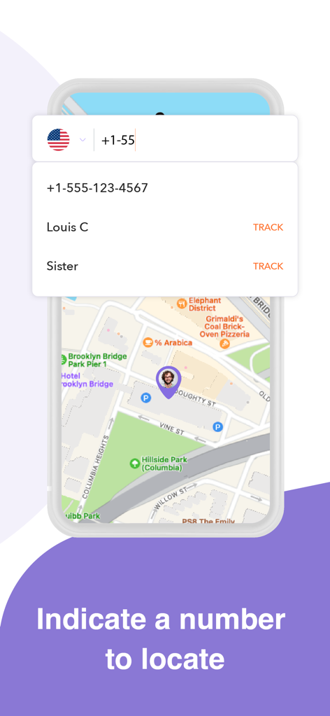 Friend Tracker: Locate Friends - Friend Tracker app interface for locating family or friends by phone number on a GPS map.