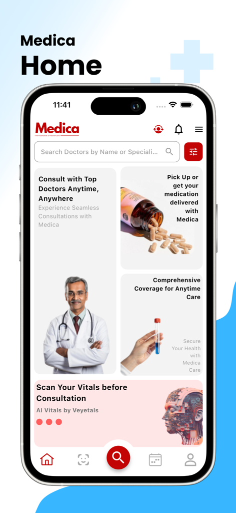 Medica Health Wallet mobile app interface showing doctor consultations, medication delivery, and vitals tracking features.