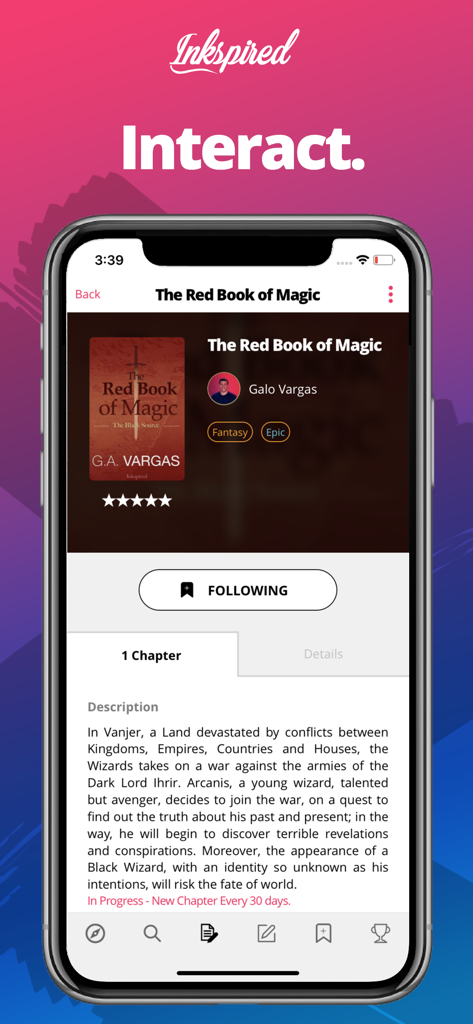 Inkspired - Un'interfaccia mobile per l'app Inkspired che mostra una pagina di dettaglio di un libro fantasy con descrizione e informazioni sull'autore sotto un grande titolo Interagisci.