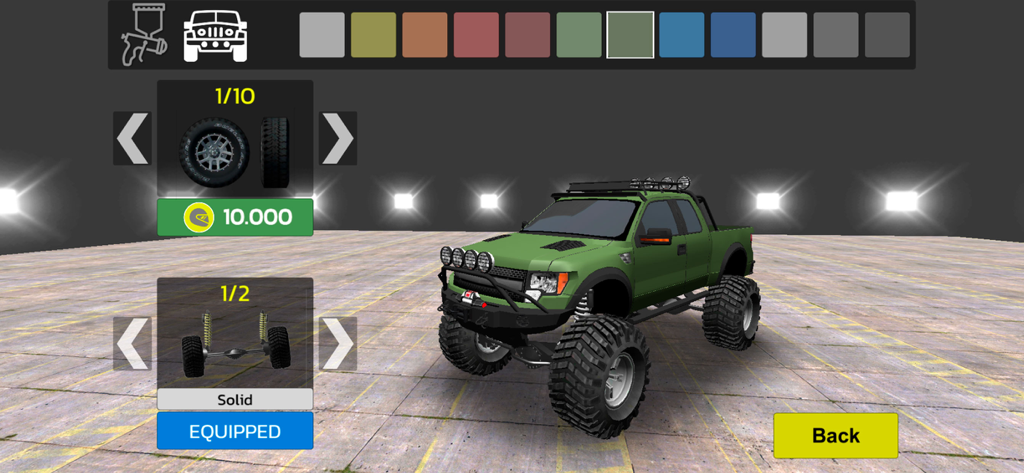Top Offroad 4x4 Simulator - A customization menu showing a green pickup truck with options to upgrade tires and suspension in Top Offroad 4x4 Simulator