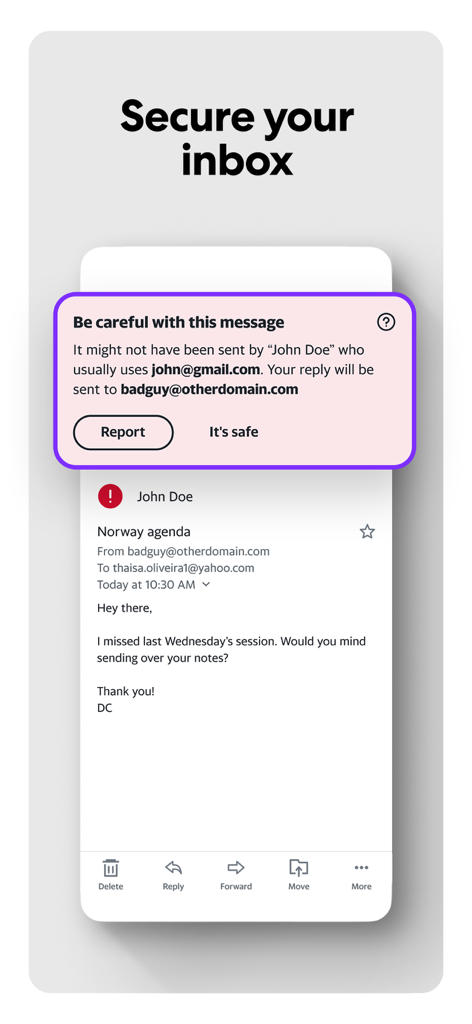 Yahoo Mail app screenshot showing a security alert for a suspicious email sender with options to report or mark as safe.