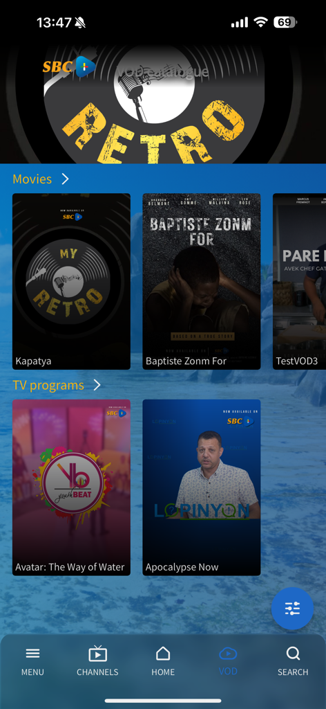 SBC+ - SBC+ app Video on Demand section showing movies and TV programs from the Seychelles.
