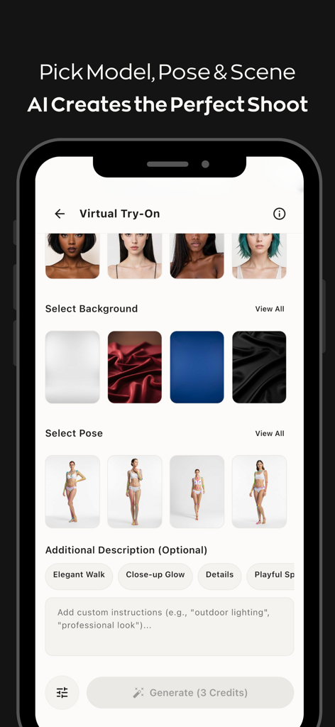 AI Fashion Studio Maker:Fashio - Mobile app interface for Fashio showing options to customize AI-generated fashion models backgrounds and poses.