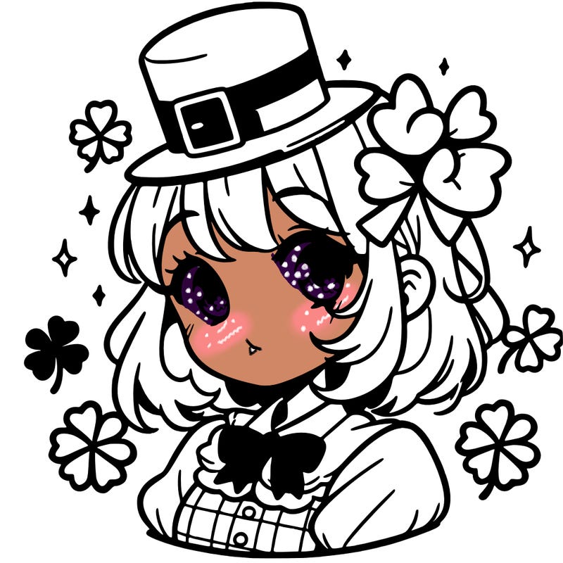 a manga-style girl with clovers around her, a little hat in her hair, like it's saint patrick's day