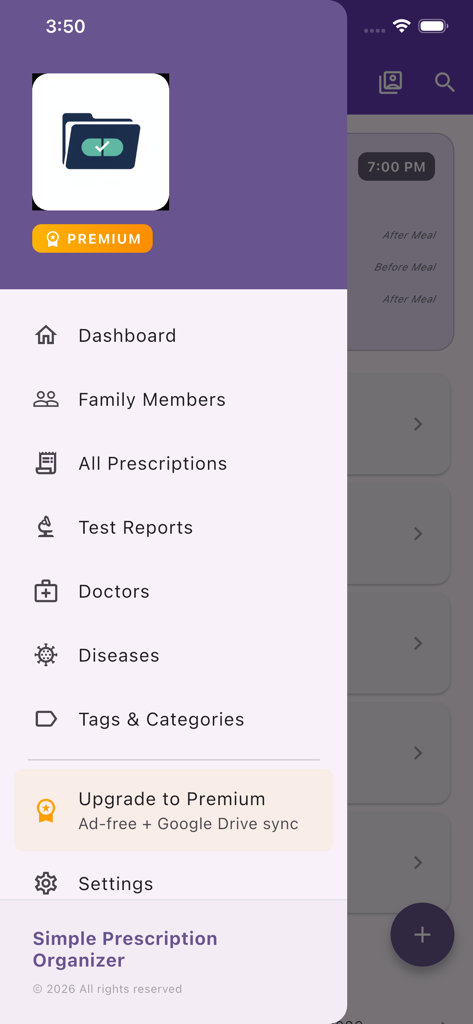 Side navigation menu of the Simple Prescription Organizer app showing options for family members prescriptions and test reports