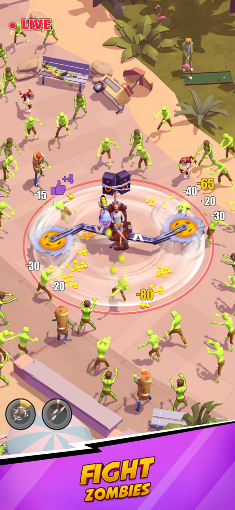 Tower Defense: Lazy Apocalypse - Un personaje en un sillón de batalla especializado luchando contra una horda de zombis verdes con sierras circulares