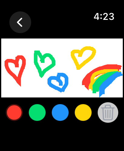 무지개와 다채로운 하트가 있는 Apple Watch의 그림 그리기 미니게임