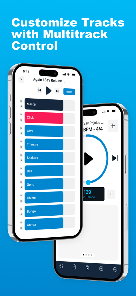 Loops & Clicks - LiveTrackz - LiveTrackz app interface showing multitrack control for percussion loops and click tracks on a smartphone.