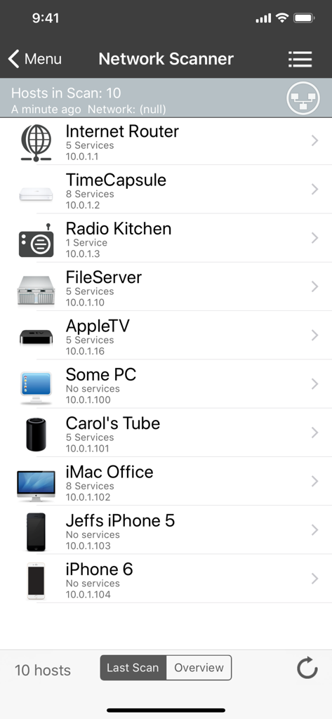 iNet Pro - Network Scanner - A list of connected network devices showing IP addresses and services in the iNet Pro app