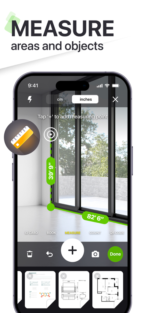 My Scanner: Scan to PDF & Edit - Un écran de smartphone utilisant la règle de réalité augmentée de l'application My Scanner pour mesurer une fenêtre dans une pièce.