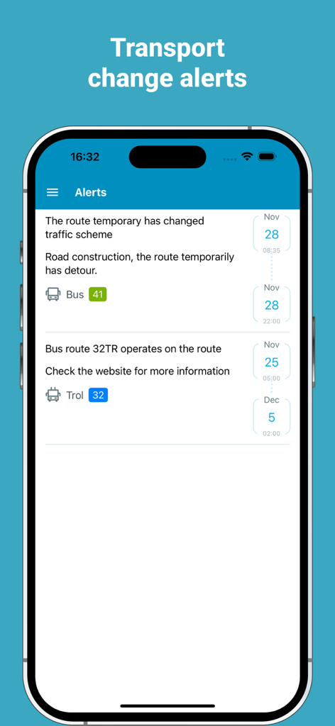 Eway public transport - Service alerts screen in the Eway public transport app showing route changes and detours