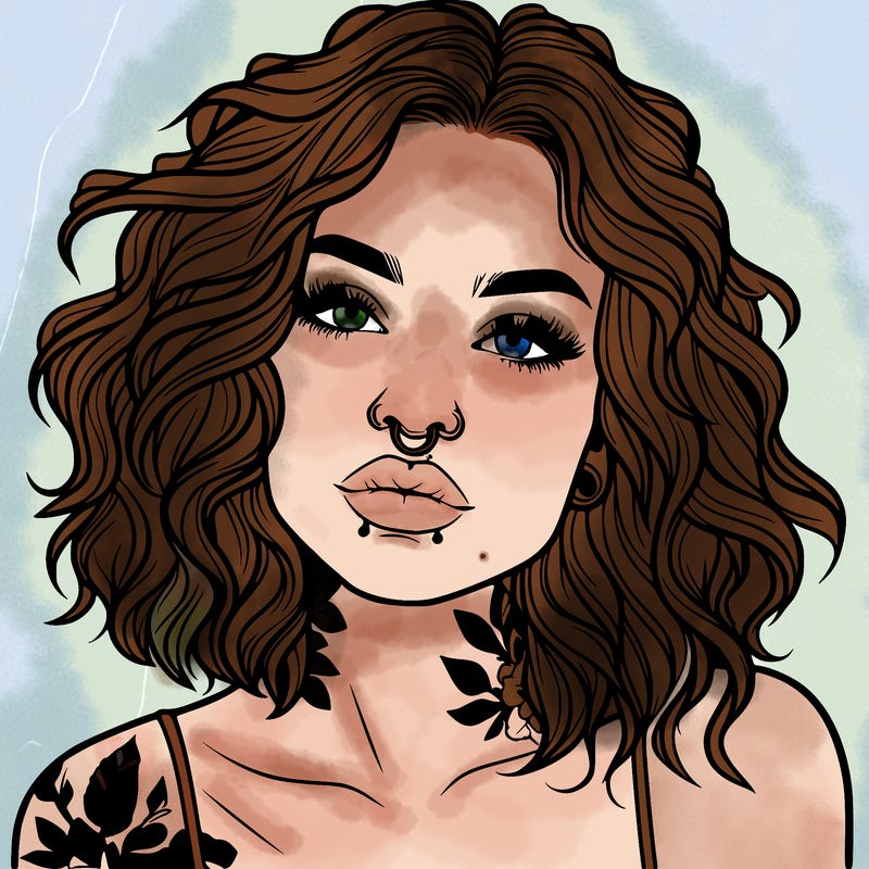 realistic woman with septum piercing and wavy hair and tattoos