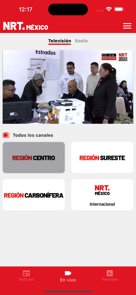 NRT México - Interfaz de la app NRT México mostrando canales de televisión regionales en vivo y reproducción de transmisión actual