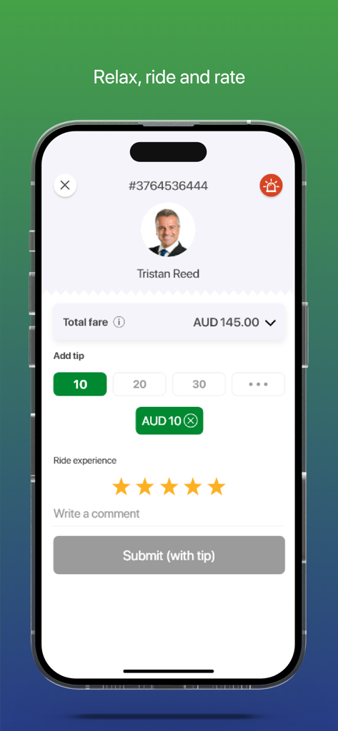 LuxCar Chauffeur Service - Rating screen for LuxCar Chauffeur Service showing driver profile fare details and tipping options.