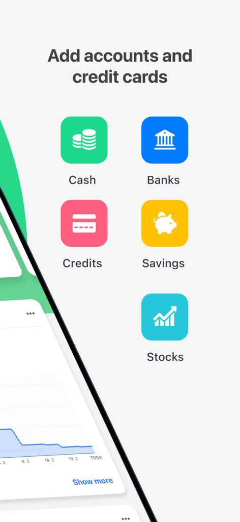 Wallet - Daily Budget & Profit - A screen from the Wallet app showing options to add and track financial accounts including cash, banks, credits, savings, and stocks.