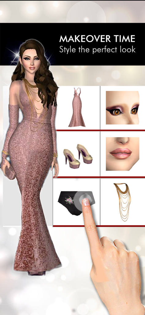 Character makeover screen in Fashion Empire showing a woman in a pink gown with options to select makeup and accessories