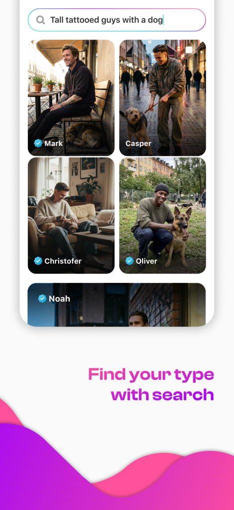 Smitten - a fun dating app - Smitten dating app interface showing search results for men with dogs
