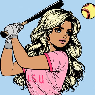 beautiful realistic girl hitting a softball with a bat