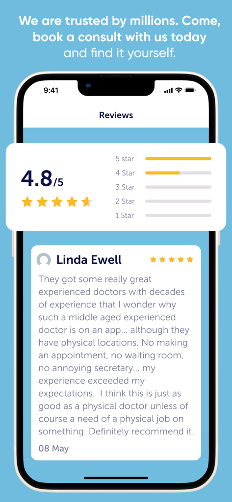 SkyMD 24/7 Telehealth - 4.8점의 평점과 원격 의료 의사에 대한 긍정적인 사용자 평가를 보여주는 SkyMD 앱 리뷰 화면 스크린샷