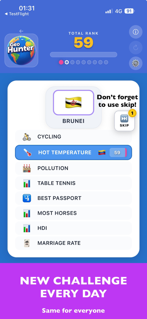 Captura de pantalla de la aplicación móvil GeoHunter que muestra un desafío diario con la tarjeta del país Brunei y las categorías de clasificación
