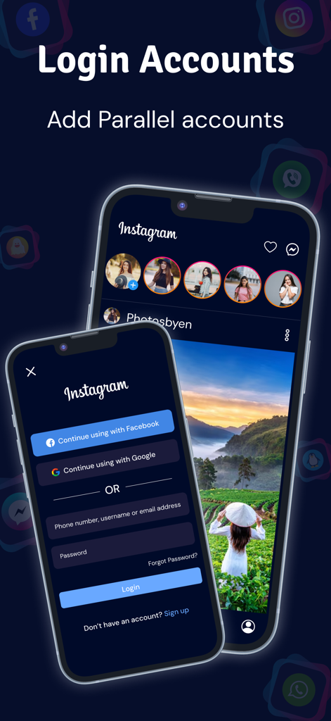 Multiple Accounts - Dual Space - Interface showing Instagram login and parallel account management in the Multiple Accounts app