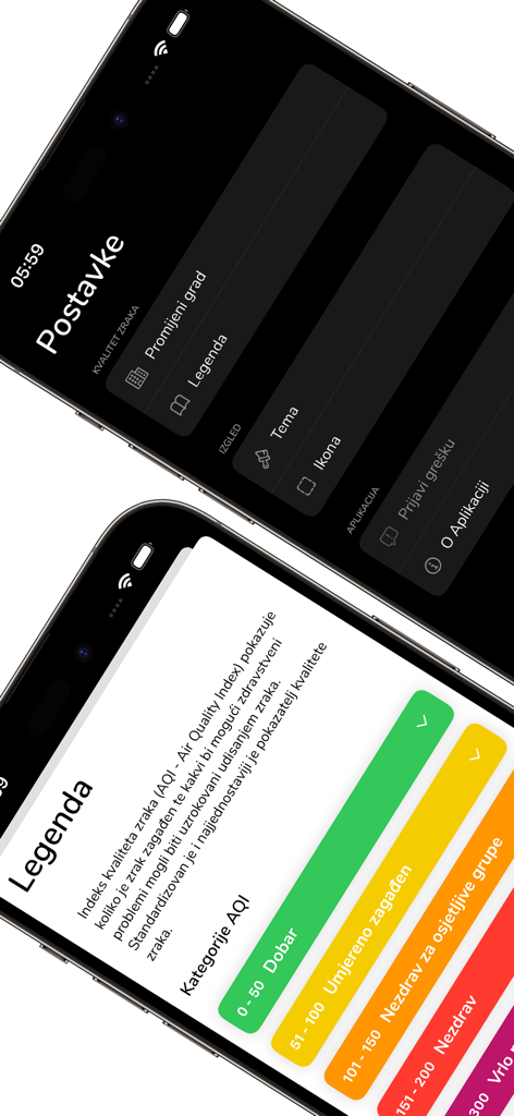 Zrak - Capturas de tela do aplicativo Zrak mostrando o menu de configurações em modo escuro e a legenda do Índice de Qualidade do Ar com categorias de saúde codificadas por cores.
