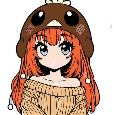anime girl with chick shaped hat with sweater with bare shoulders with bangs covering them one eye with low tail