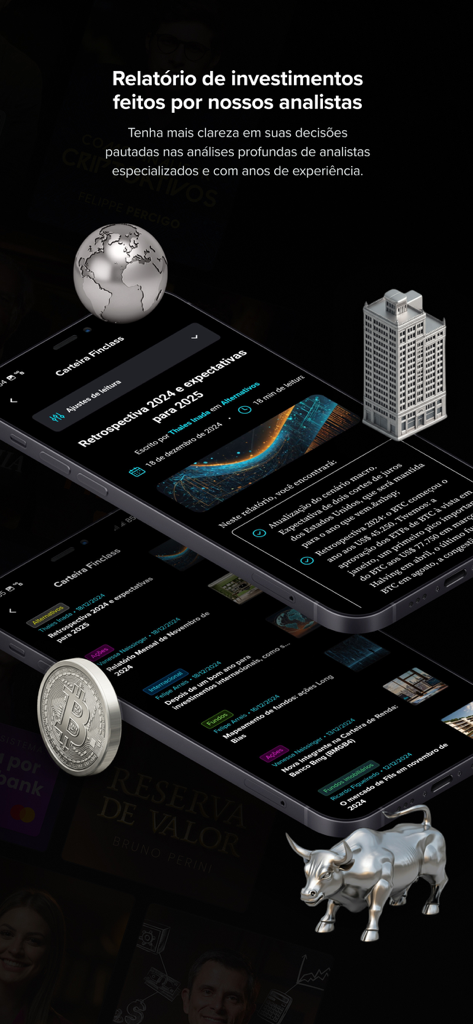 Finclass - Aprenda a Investir - Finclassアプリの専門家によるプロの投資レポートと分析を表示するモバイル画面。