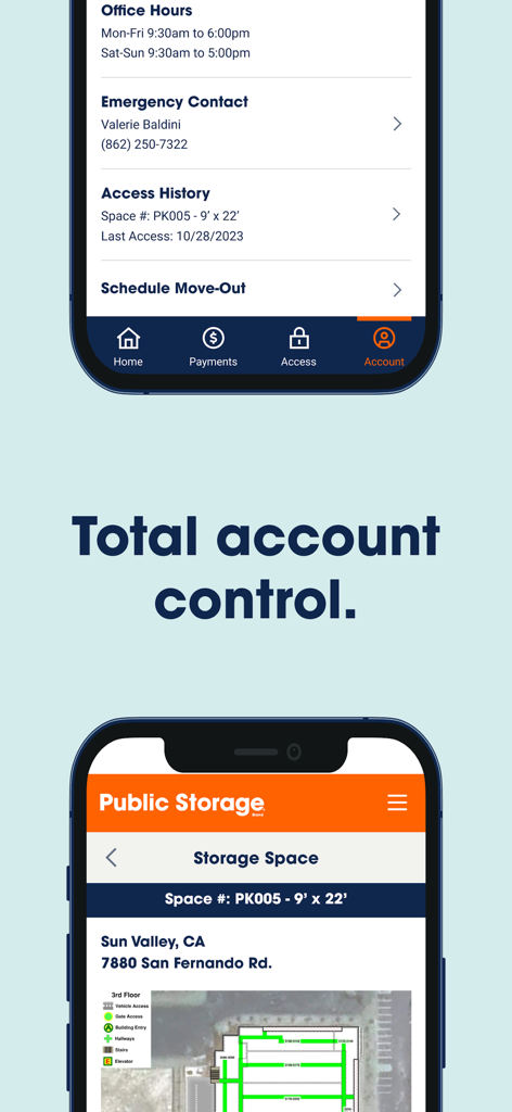 Public Storageアプリの画面で、アカウント管理機能とストレージユニットのフロアマップを表示