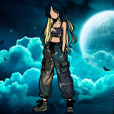 girl in baggy pants crop top and long hair