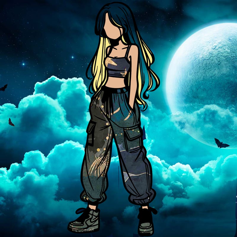 girl in baggy pants crop top and long hair