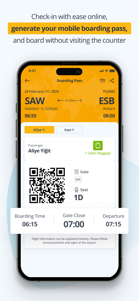 Eine digitale Bordkarte auf einem Smartphone-Bildschirm mit Flugdetails von Istanbul nach Ankara und einem QR-Code